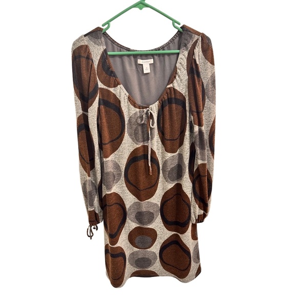 Dressbarn Brown Gray Long Sleeves Tie Front Oval Pattern Casual Dress 10 Retro - Picture 3 of 10